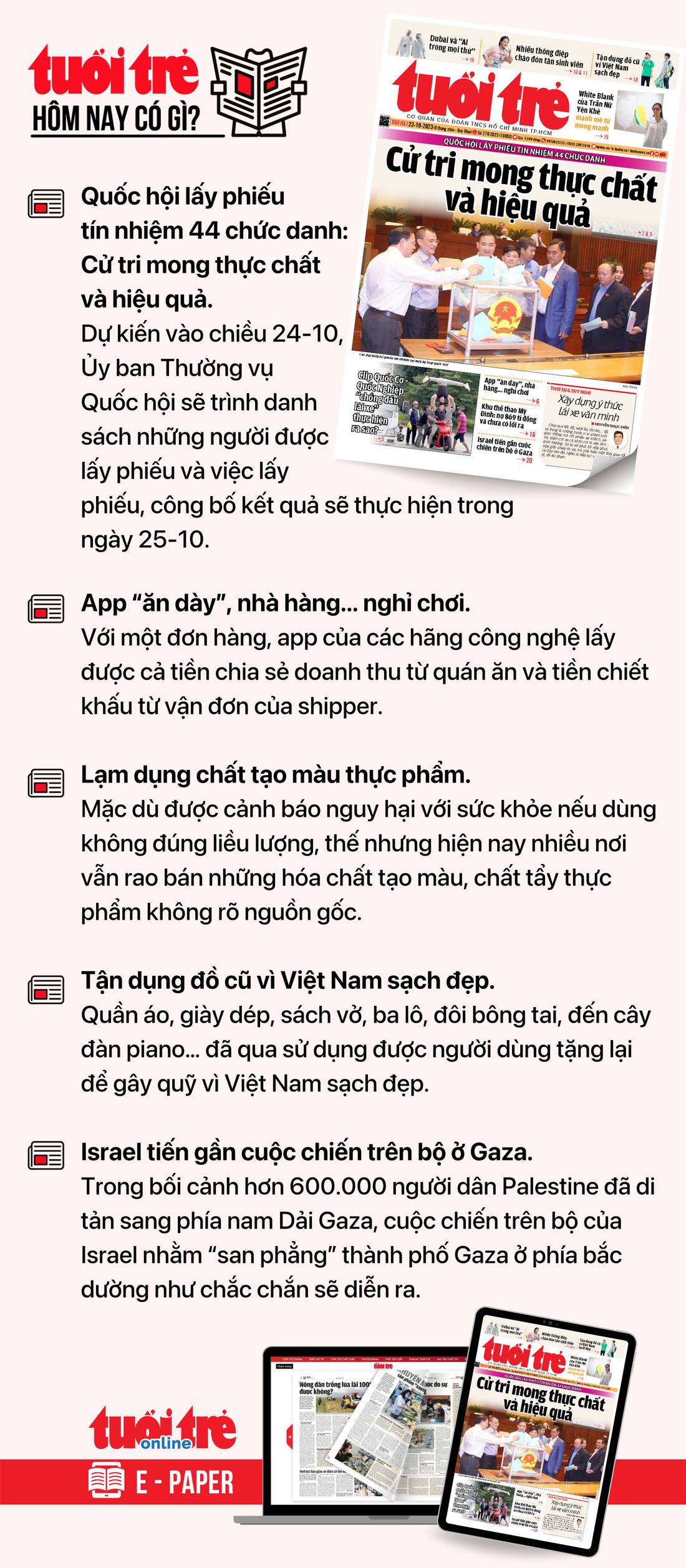 Tin tức chính trên Tuổi Trẻ nhật báo hôm nay 23-10. Để đọc Tuổi Trẻ báo in phiên bản E-paper, mời bạn đăng ký Tuổi Trẻ Sao TẠI ĐÂY