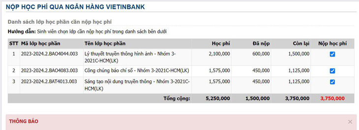 Dù đã được đánh dấu hoàn thành học phí, nhưng sinh viên bàng hoàng vì còn nợ 3.750.000 đồng - Ảnh: NVCC