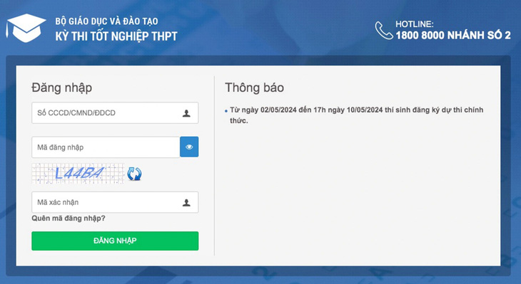 Hệ thống quản lý thi của Bộ Giáo dục và Đào tạo, nơi thí sinh làm thủ tục đăng ký thi trực tuyến - Ảnh chụp màn hình