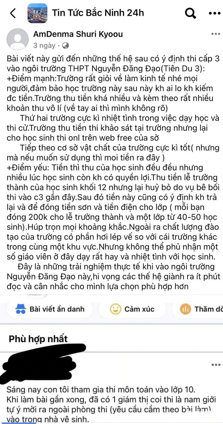 Bên dưới bài viết đăng kèm ảnh chụp lại bài viết tố giám thị ép thí sinh mang bài thi làm sớm ra nhà vệ sinh để chụp ảnh - Ảnh: chụp màn hình