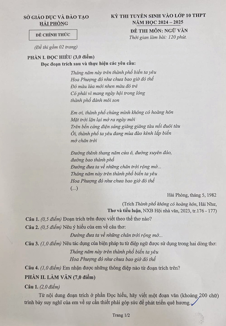 Đề thi văn vào lớp 10 ở Hải Phòng