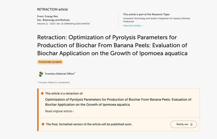 Một trong những bài báo được Nhà xuất bản Frontiers thông báo gỡ bỏ - Ảnh chụp màn hình