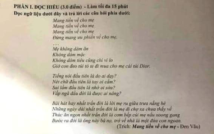 'Mang tiền về cho mẹ' của Đen Vâu vào đề thi ngữ văn, học sinh cười khoái chí