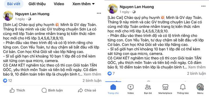 Các nội dung giống hệt thông tin giả mạo giáo viên Trường THPT chuyên Lương Văn Chánh ở Phú Yên trên fanpage Nguyen Lan Huong, nhưng ghi là trường chuyên ở Lào Cai, Sơn La... - Ảnh chụp màn hình